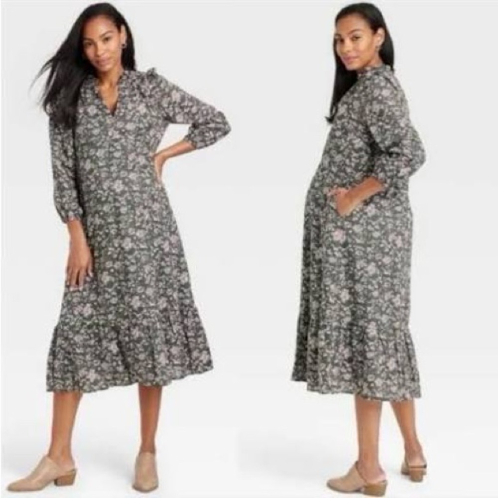 HATCH The Nines Floral Midi Dress Green Long Sleeve Ruffle Neck Size XL